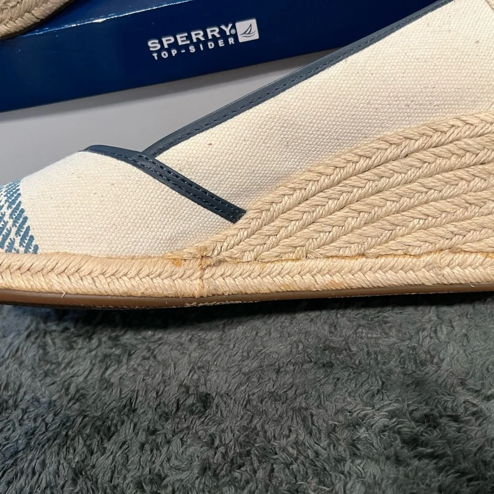Sperry Cream Canvas Wedge Espadrilles with Navy Rope Detail